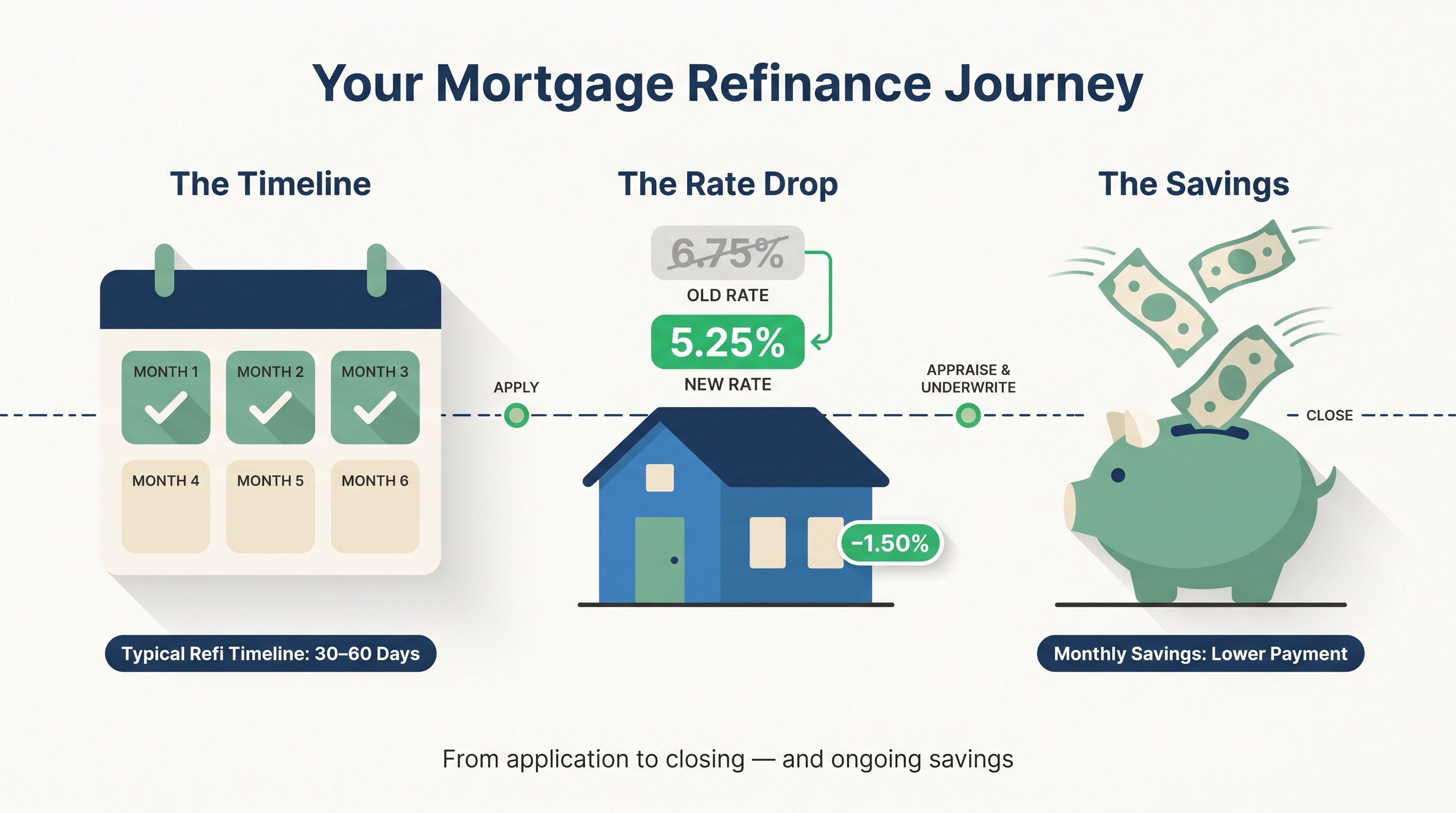 Refinance break-even timeline chart showing cumulative savings over 5 years